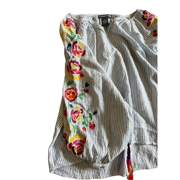 New Chelsea & Theodore Blue Chambray Stripe Embroidered White Top linen blend Wo - Picture 9 of 11